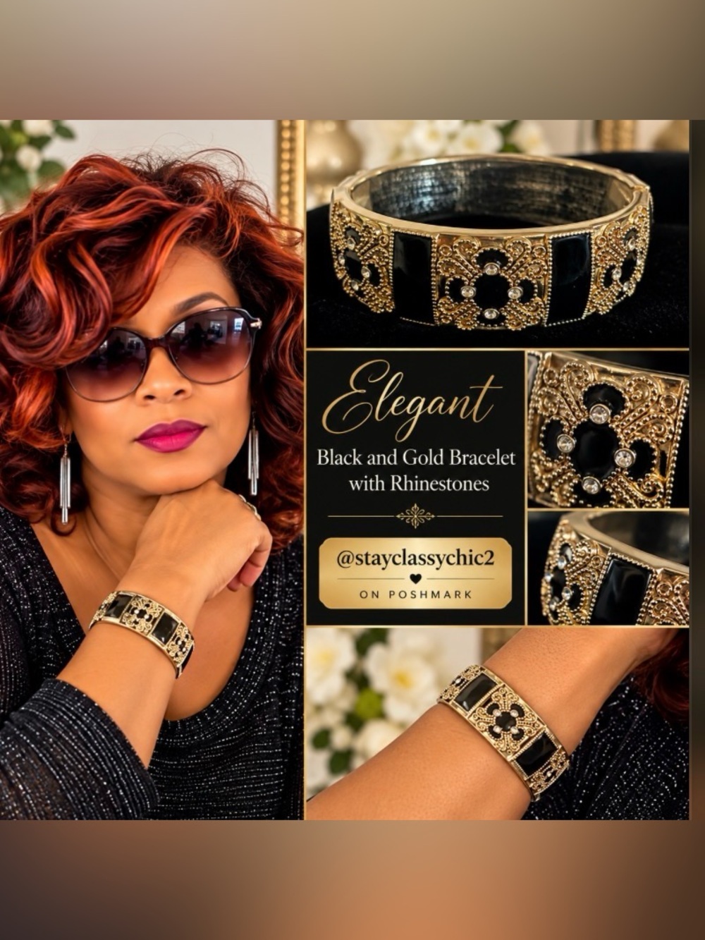 Elegant Black and Gold Bracelet with Rhinestones